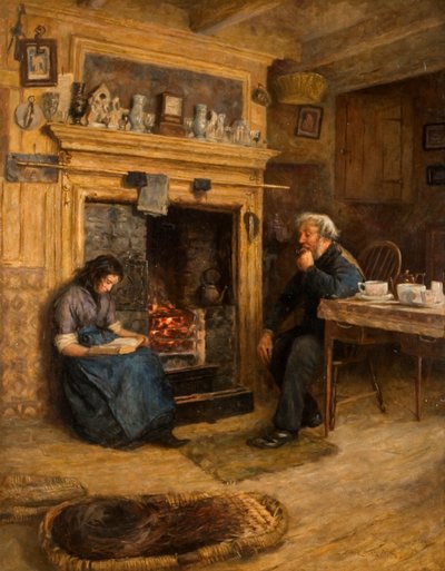 Interieur, Vrouw Leest aan Oude Man, 1889 door Frank Stanley Ogilvie